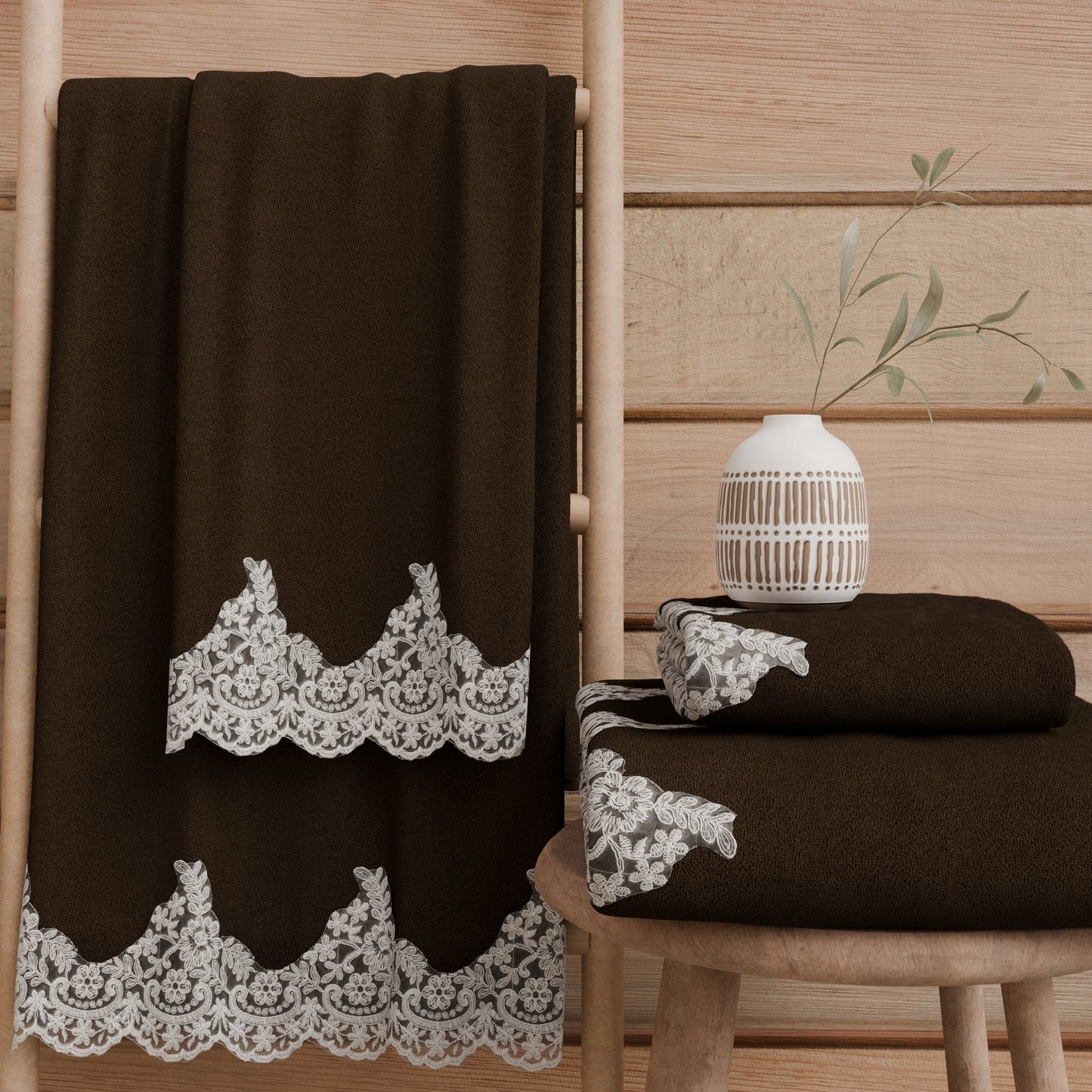 Asciugamani Bagno in Spugna in Pizzo Chantilly Marrone