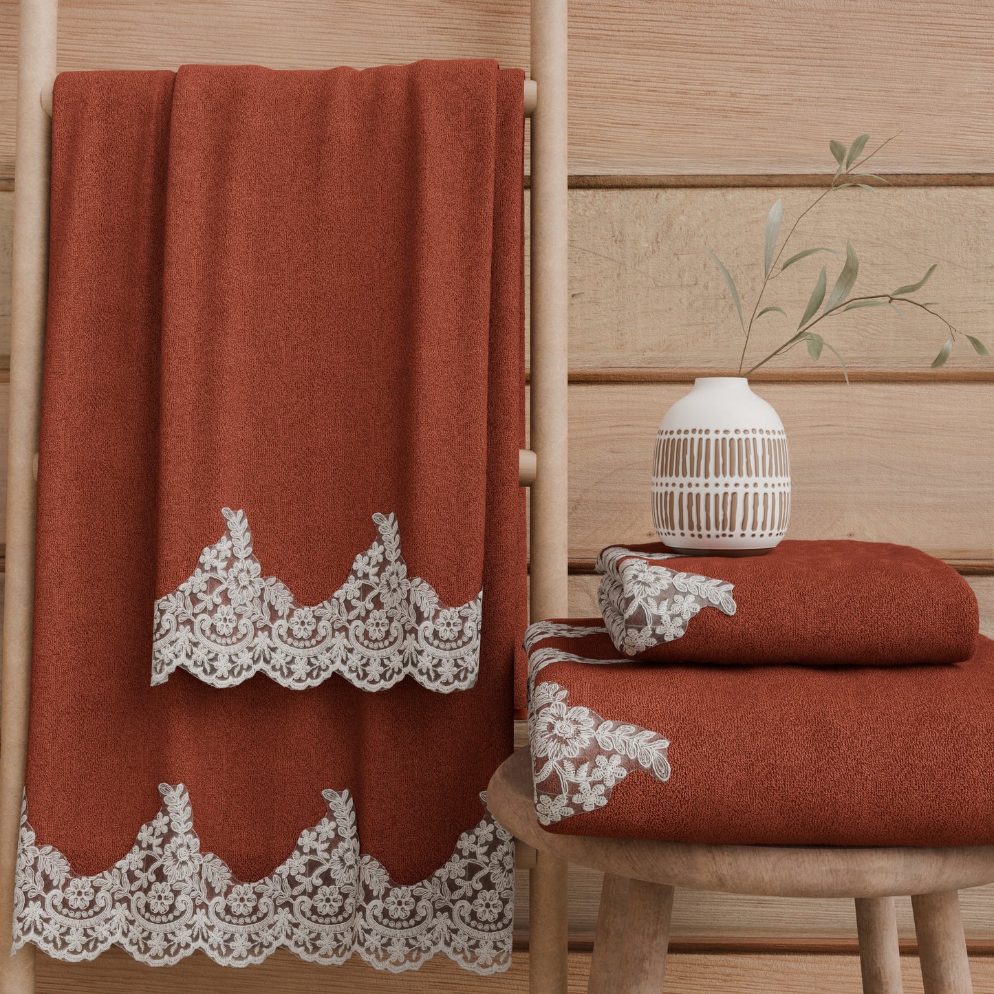 Asciugamani Bagno in Spugna in Pizzo Chantilly Terra Cotta