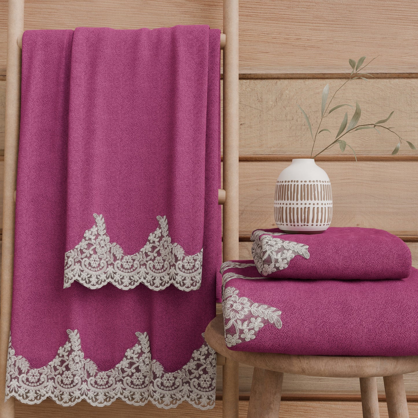 Asciugamani Bagno in Spugna in Pizzo Chantilly Fuxia