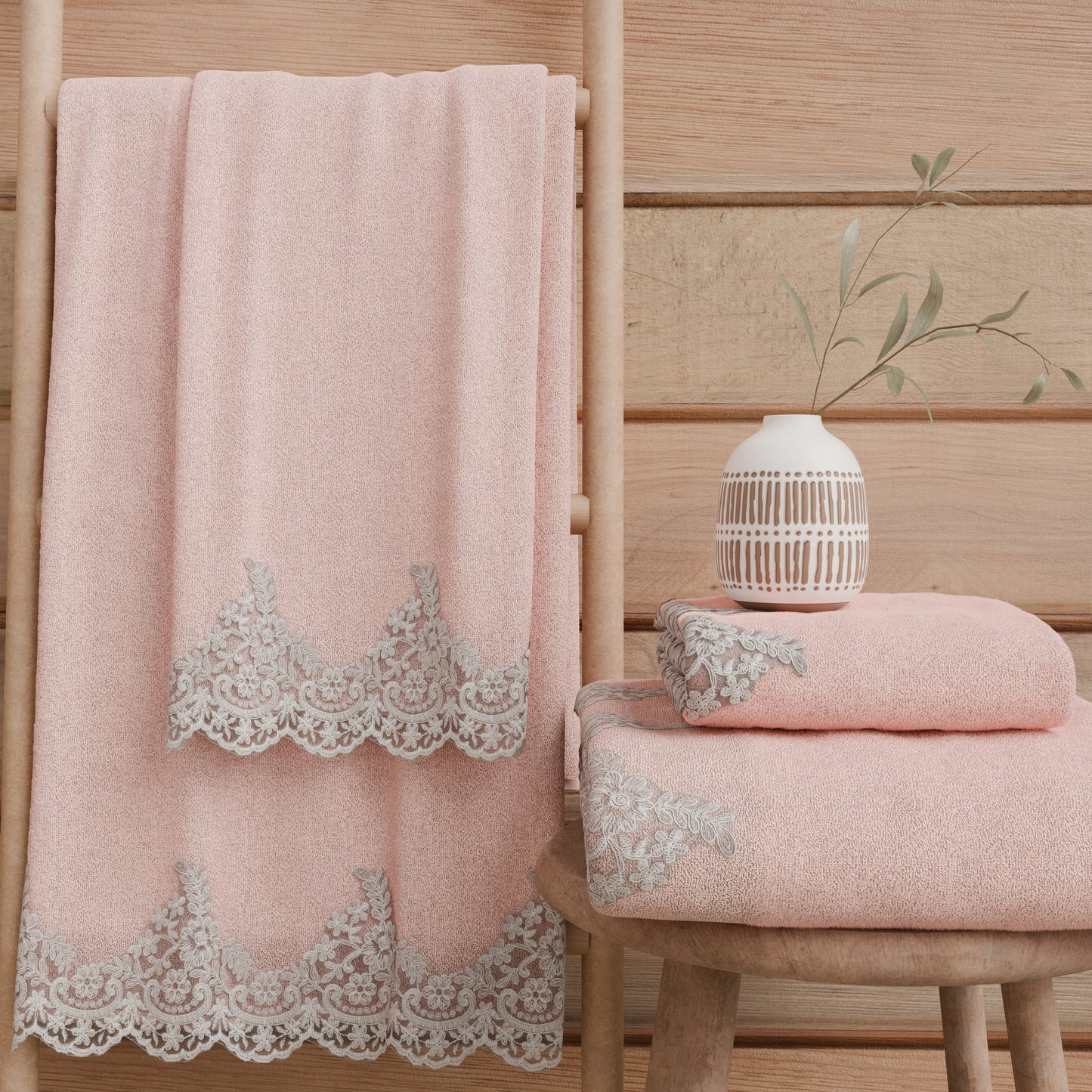 Asciugamani Bagno in Spugna in Pizzo Chantilly Rosa