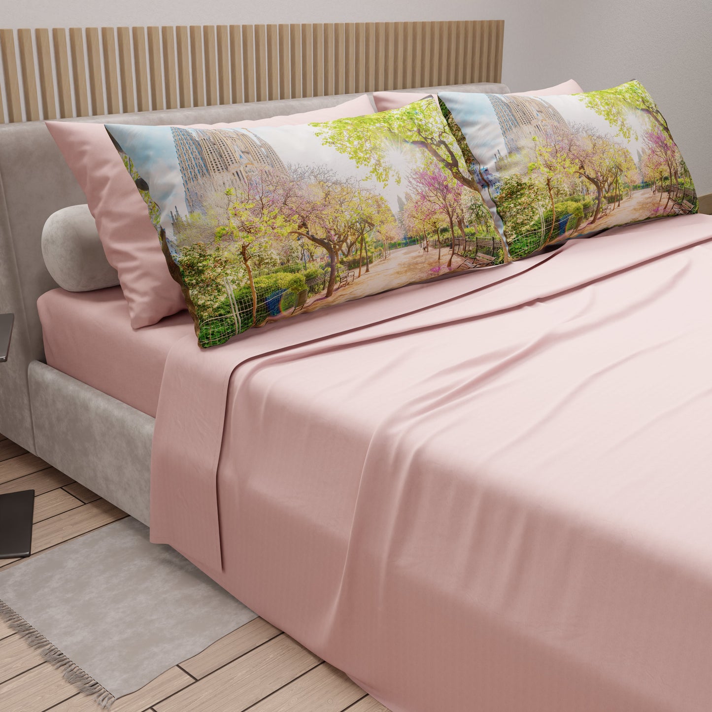 Lenzuola in Cotone, Completo Letto con Federe in Stampa Digitale Spagna Cipria Chiaro