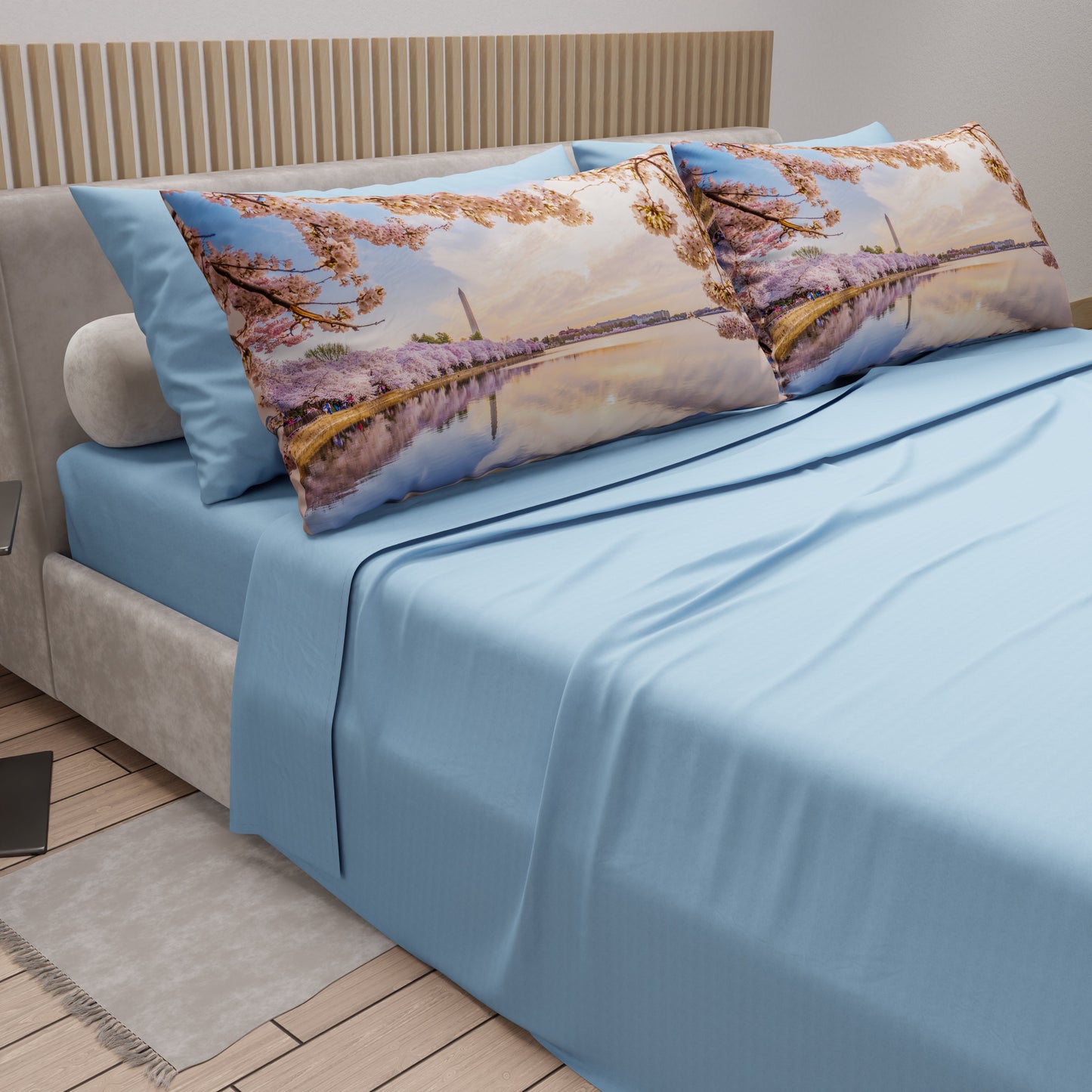 Lenzuola in Cotone, Completo Letto con Federe in Stampa Digitale Washington Celeste