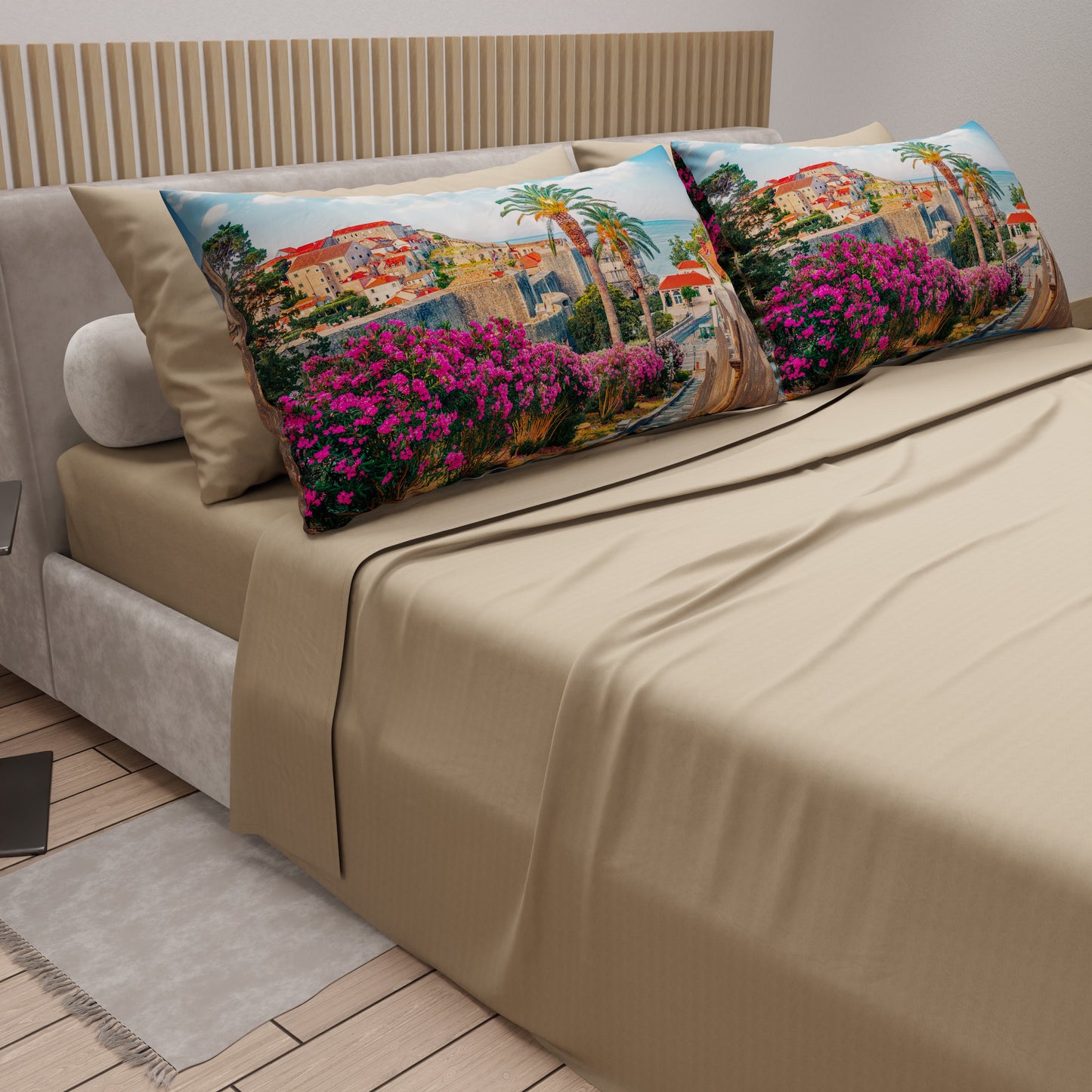 Lenzuola in Cotone, Completo Letto con Federe in Stampa Digitale Croazia Beige