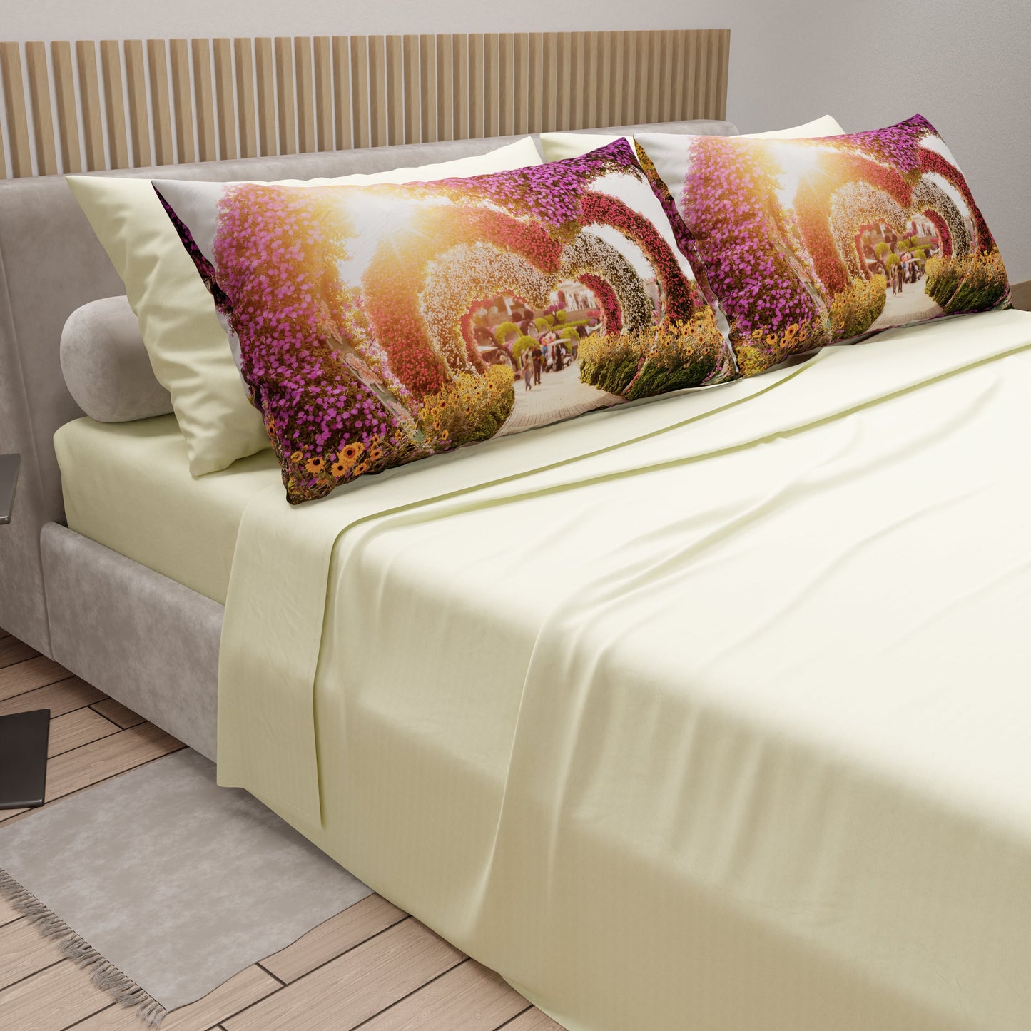 Lenzuola in Cotone, Completo Letto con Federe in Stampa Digitale Dubai Panna