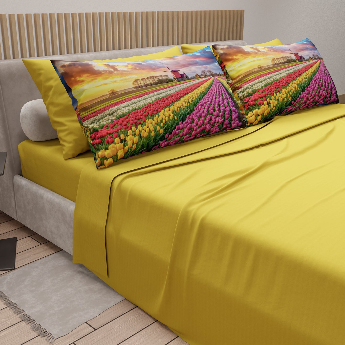 Lenzuola in Cotone, Completo Letto con Federe in Stampa Digitale Olanda Giallo