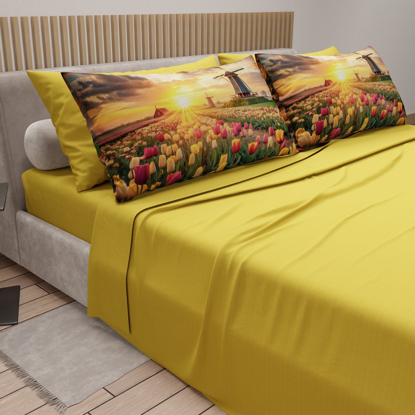 Lenzuola in Cotone, Completo Letto con Federe in Stampa Digitale Olanda02 Giallo