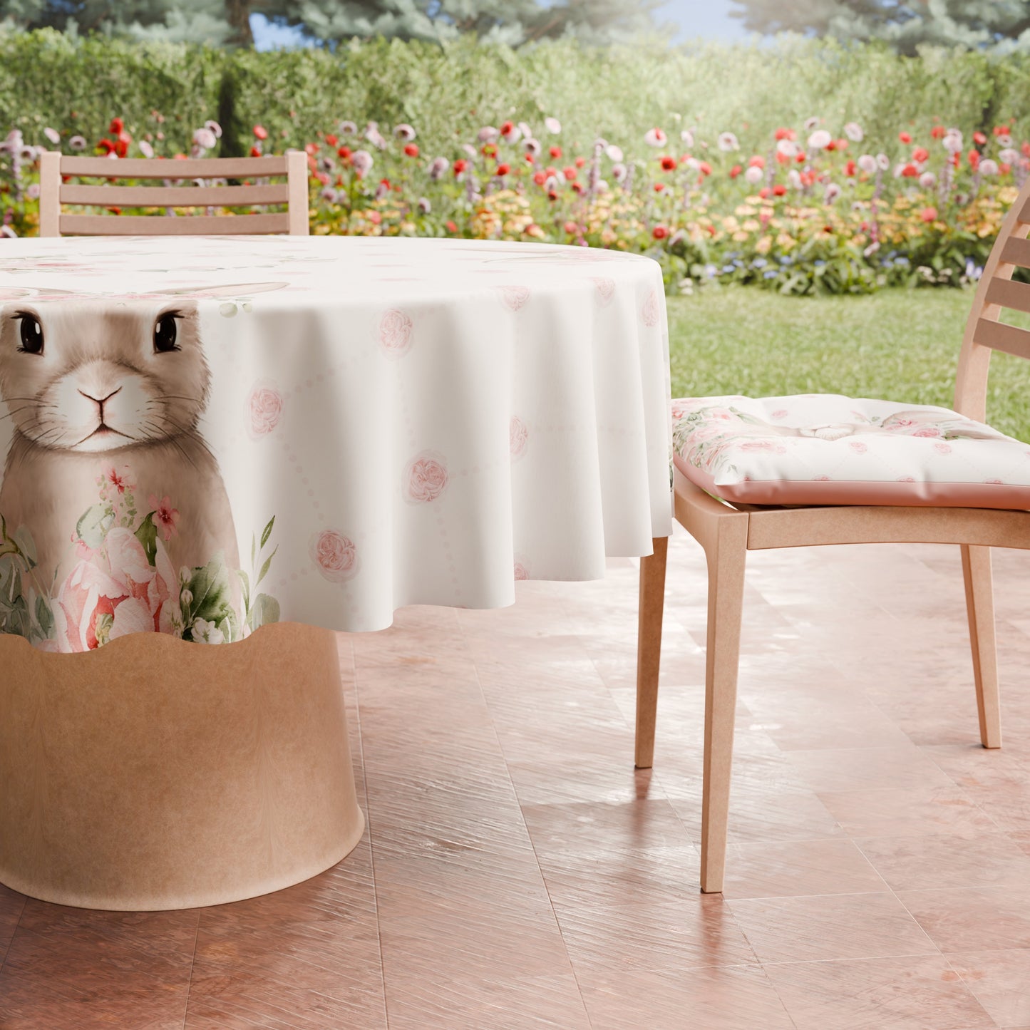 Tovaglia Rotonda Pasquale da Tavola Antimacchia, Copritavolo Pasqua da Cucina Pink Rabbit