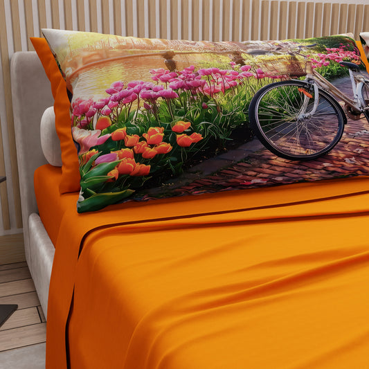 Lenzuola in Cotone, Completo Letto con Federe in Stampa Digitale Amsterdam Arancione