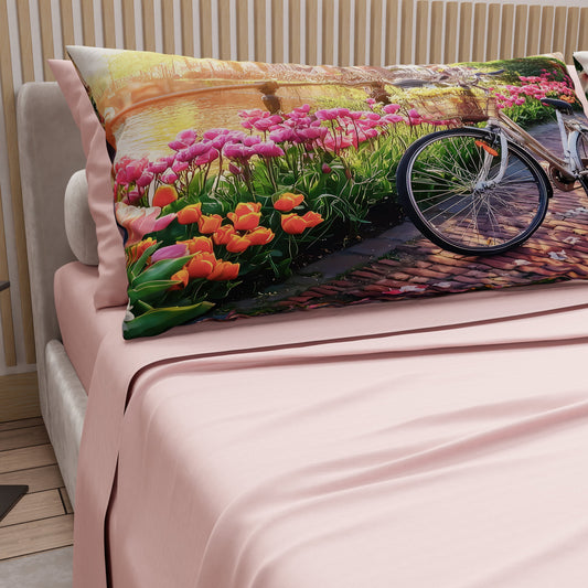 Lenzuola in Cotone, Completo Letto con Federe in Stampa Digitale Amsterdam Cipria Chiaro