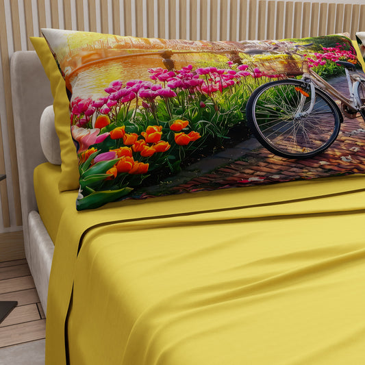 Lenzuola in Cotone, Completo Letto con Federe in Stampa Digitale Amsterdam Giallo