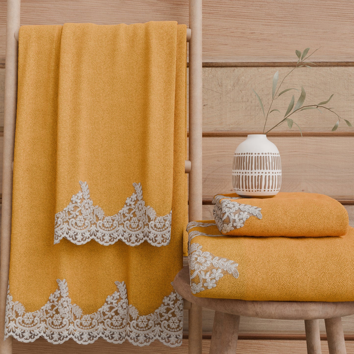 Asciugamani Bagno in Spugna in Pizzo Chantilly Arancio