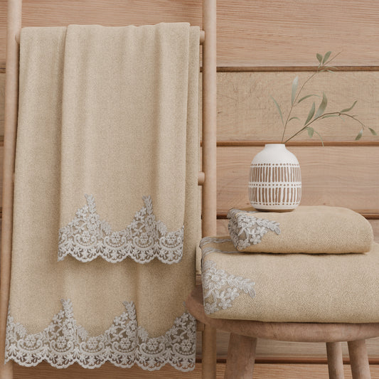 Asciugamani Bagno in Spugna in Pizzo Chantilly Beige
