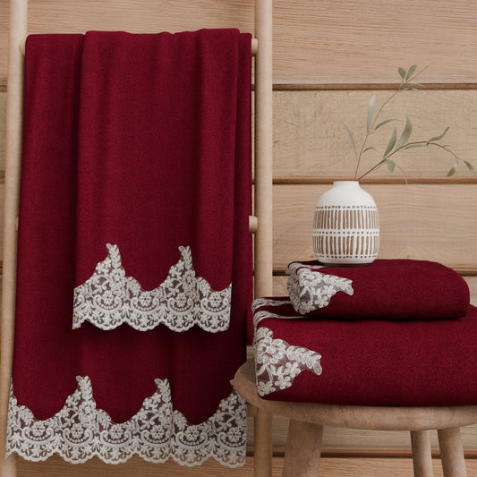 Asciugamani Bagno in Spugna in Pizzo Chantilly Bordeaux