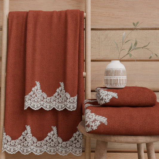Asciugamani Bagno in Spugna in Pizzo Chantilly Terra Cotta