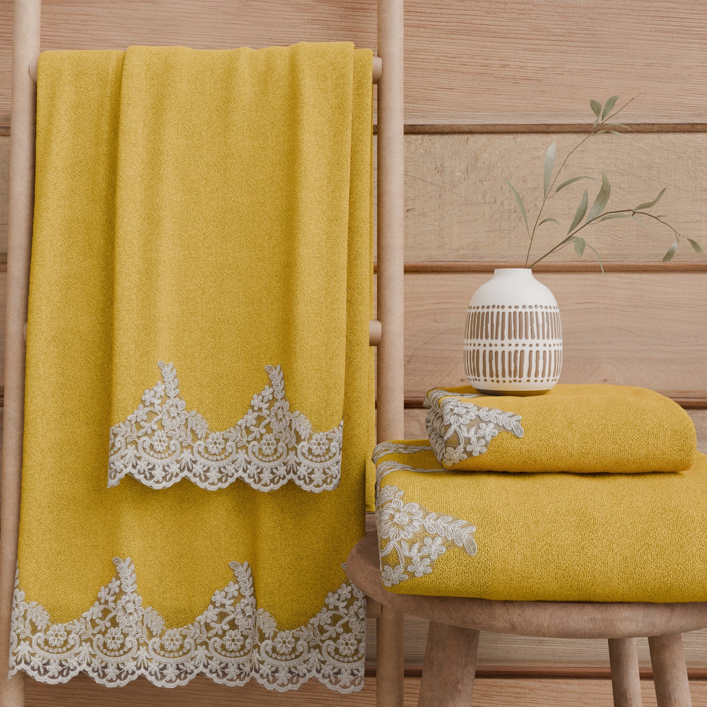 Asciugamani Bagno in Spugna in Pizzo Chantilly Giallo