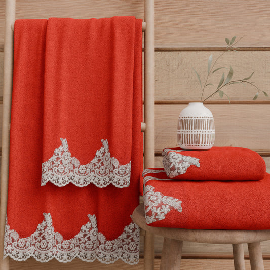 Asciugamani Bagno in Spugna in Pizzo Chantilly Rosso