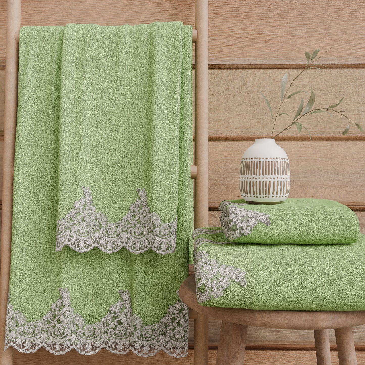 Asciugamani Bagno in Spugna in Pizzo Chantilly Salvia