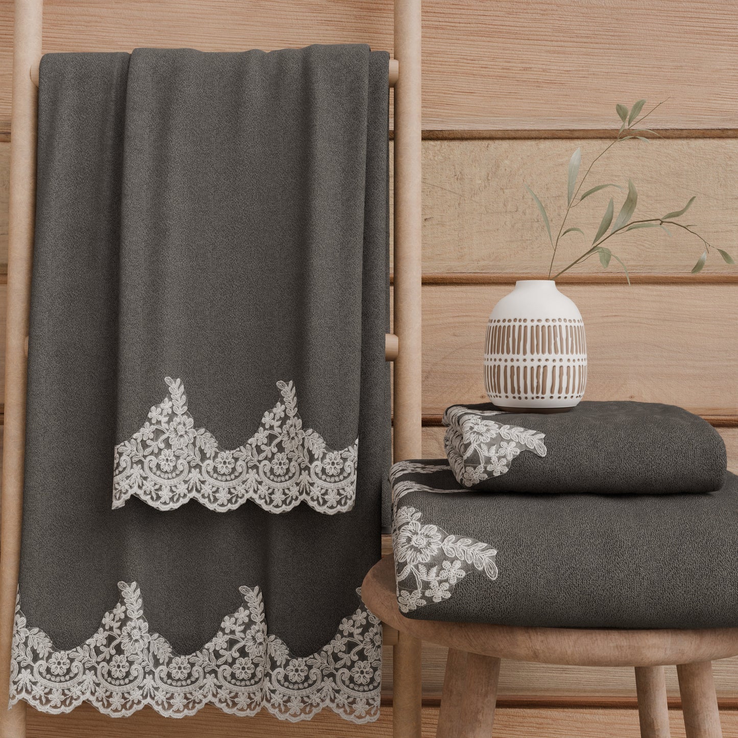 Asciugamani Bagno in Spugna in Pizzo Chantilly Grigio Scuro