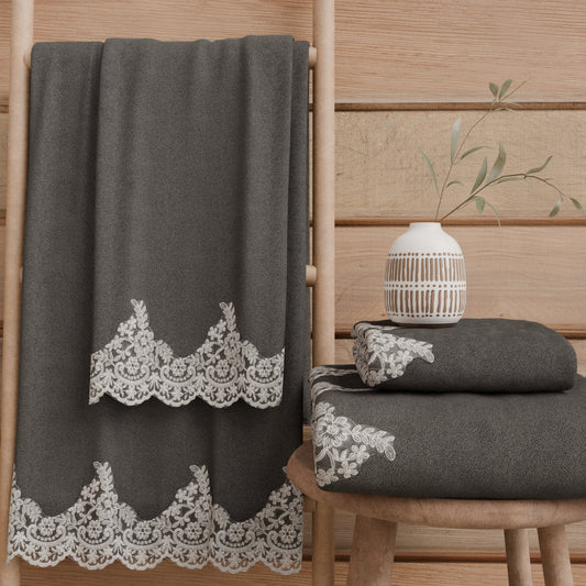 Asciugamani Bagno in Spugna in Pizzo Chantilly Grigio Scuro