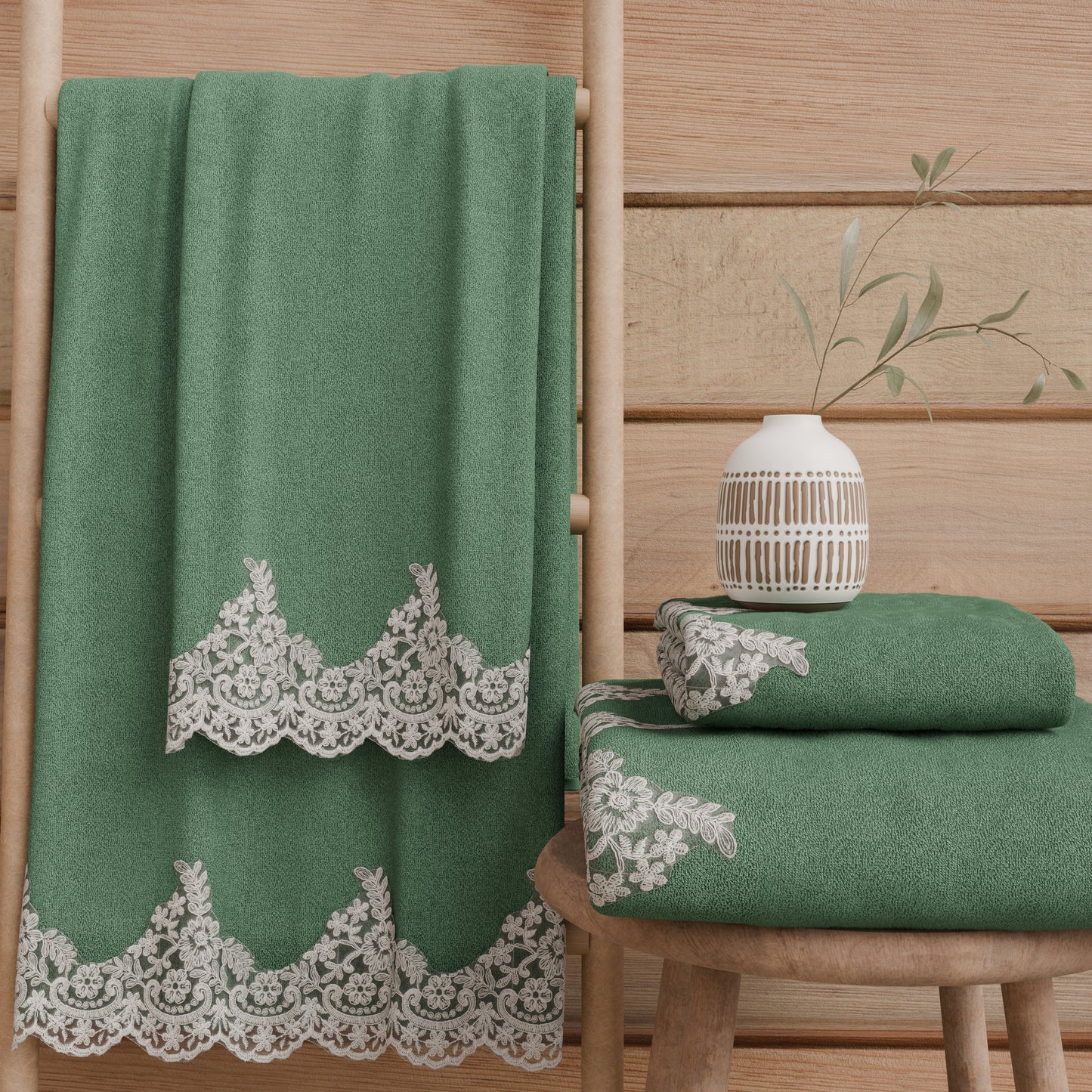 Asciugamani Bagno in Spugna in Pizzo Chantilly Verde