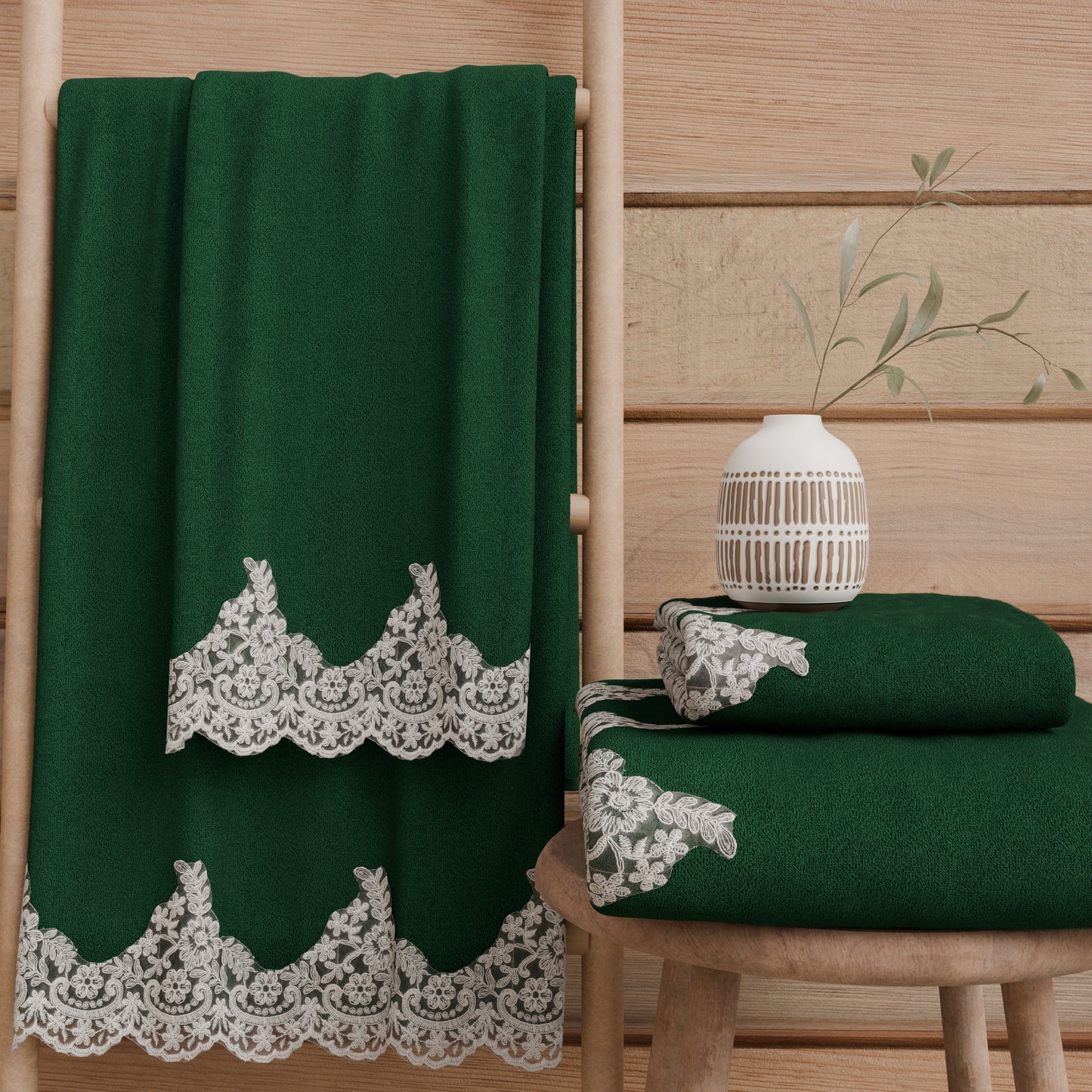 Asciugamani Bagno in Spugna in Pizzo Chantilly Verde Scuro