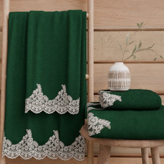 Asciugamani Bagno in Spugna in Pizzo Chantilly Verde Scuro