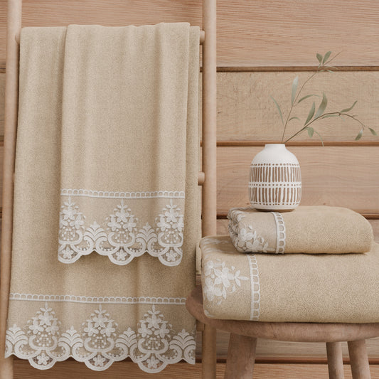 Asciugamani Bagno in Spugna in Pizzo Rebrode Beige