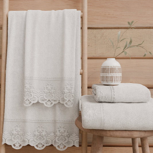 Asciugamani Bagno in Spugna in Pizzo Rebrode Bianco
