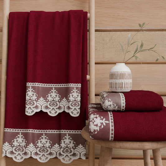 Asciugamani Bagno in Spugna in Pizzo Rebrode Bordeaux