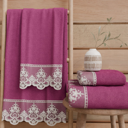 Asciugamani Bagno in Spugna in Pizzo Rebrode Fuxia