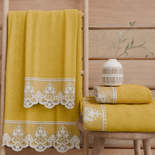 Asciugamani Bagno in Spugna in Pizzo Rebrode Giallo