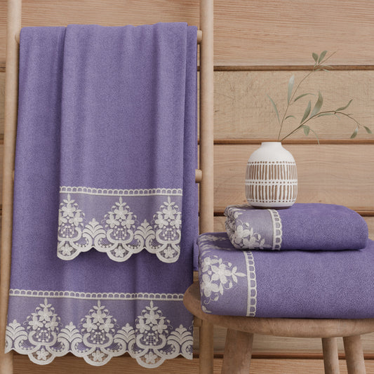Asciugamani Bagno in Spugna in Pizzo Rebrode Viola