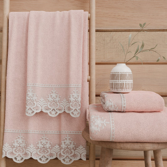 Asciugamani Bagno in Spugna in Pizzo Rebrode Rosa