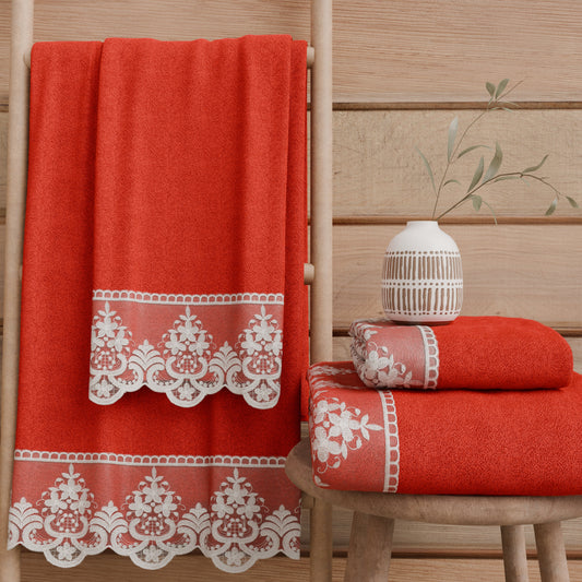 Asciugamani Bagno in Spugna in Pizzo Rebrode Rosso