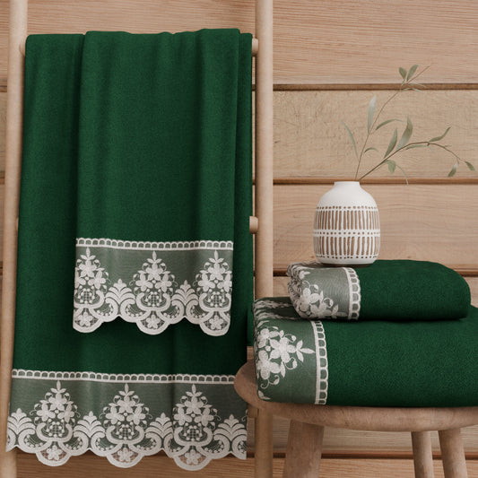 Asciugamani Bagno in Spugna in Pizzo Rebrode Verde Scuro