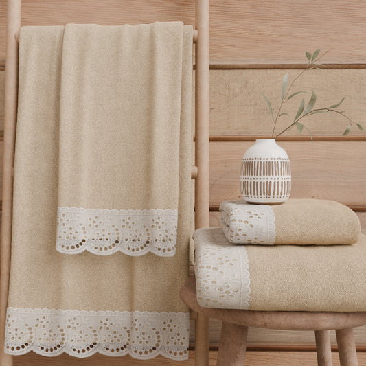 Asciugamani Bagno in Spugna in Pizzo Sangallo Beige