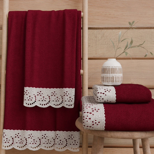 Asciugamani Bagno in Spugna in Pizzo Sangallo Bordeaux