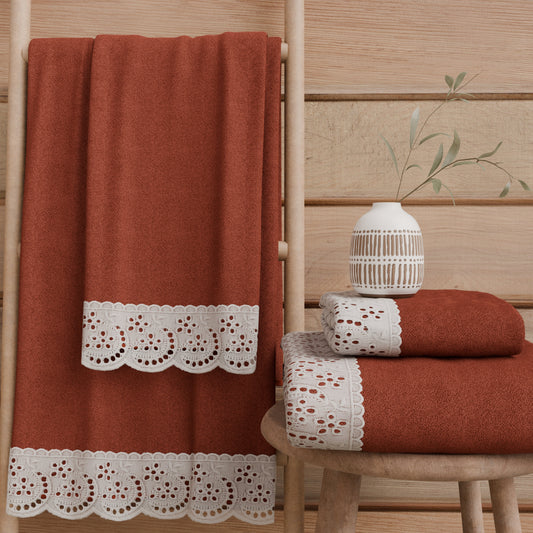 Asciugamani Bagno in Spugna in Pizzo Sangallo Terra Cotta