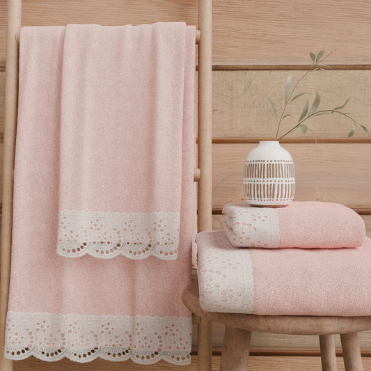 Asciugamani Bagno in Spugna in Pizzo Sangallo Rosa