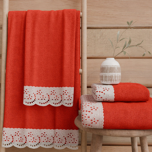 Asciugamani Bagno in Spugna in Pizzo Sangallo Rosso