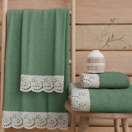 Asciugamani Bagno in Spugna in Pizzo Sangallo Verde