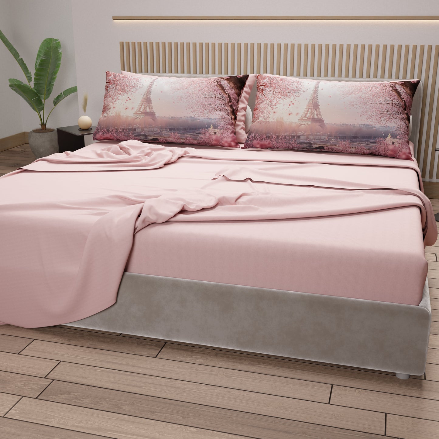 Lenzuola in Cotone, Completo Letto con Federe in Stampa Digitale Parigi Cipria chiaro