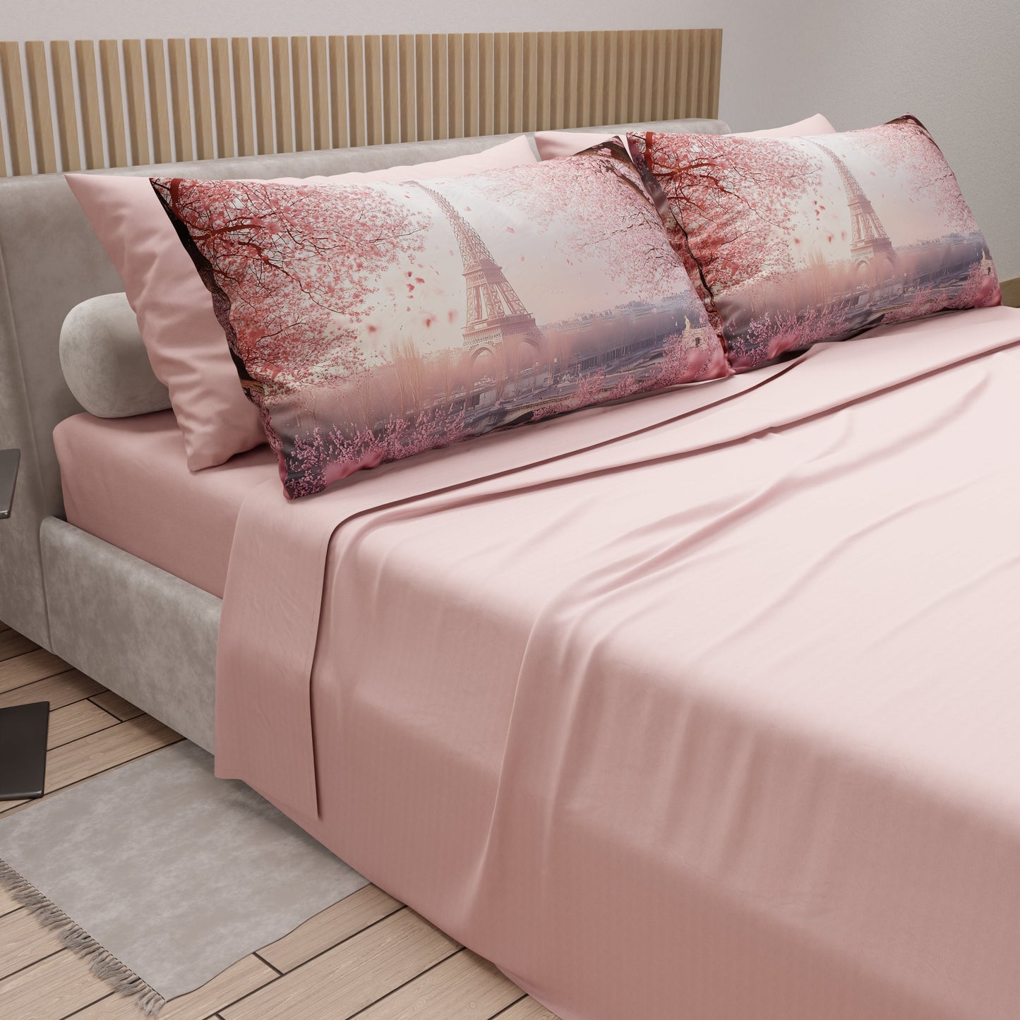 Lenzuola in Cotone, Completo Letto con Federe in Stampa Digitale Parigi Cipria chiaro