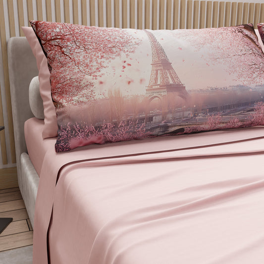 Lenzuola in Cotone, Completo Letto con Federe in Stampa Digitale Parigi Cipria chiaro