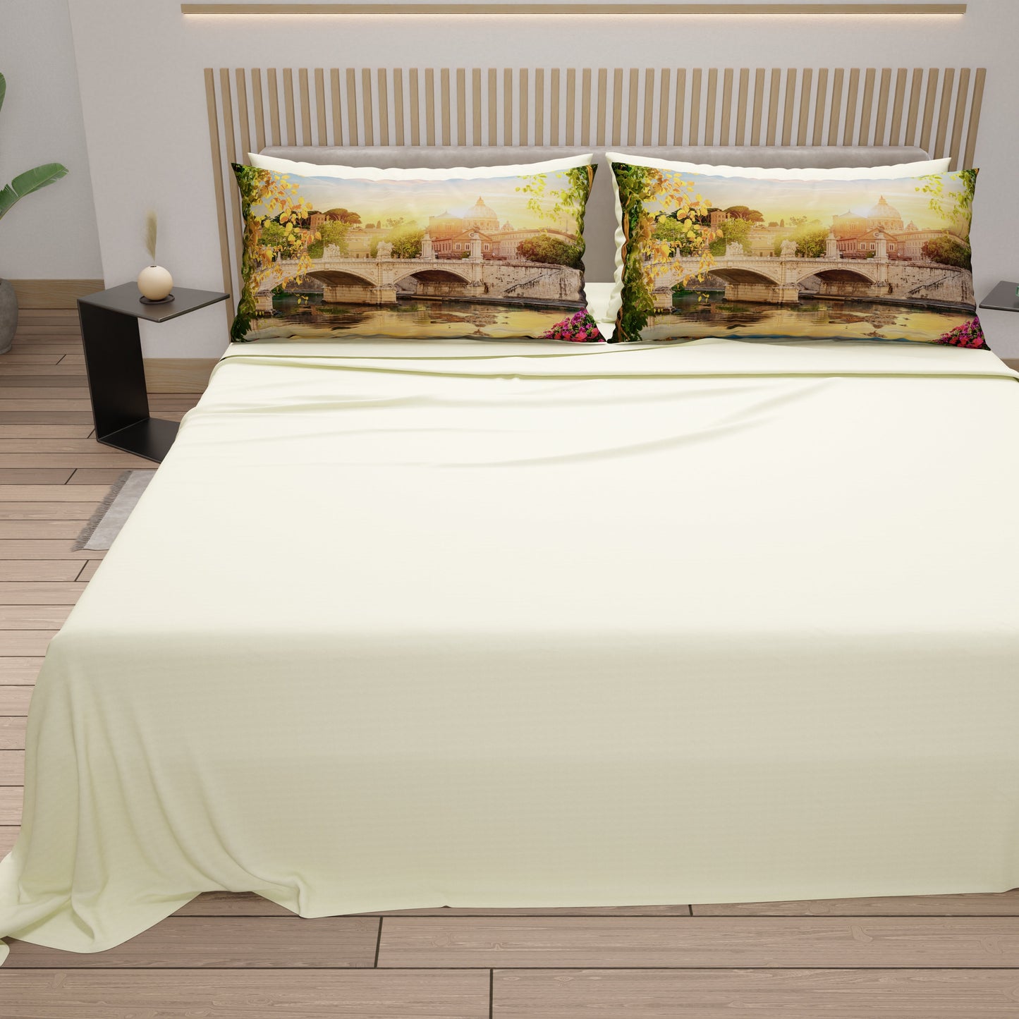 Lenzuola in Cotone, Completo Letto con Federe in Stampa Digitale Roma01 Panna
