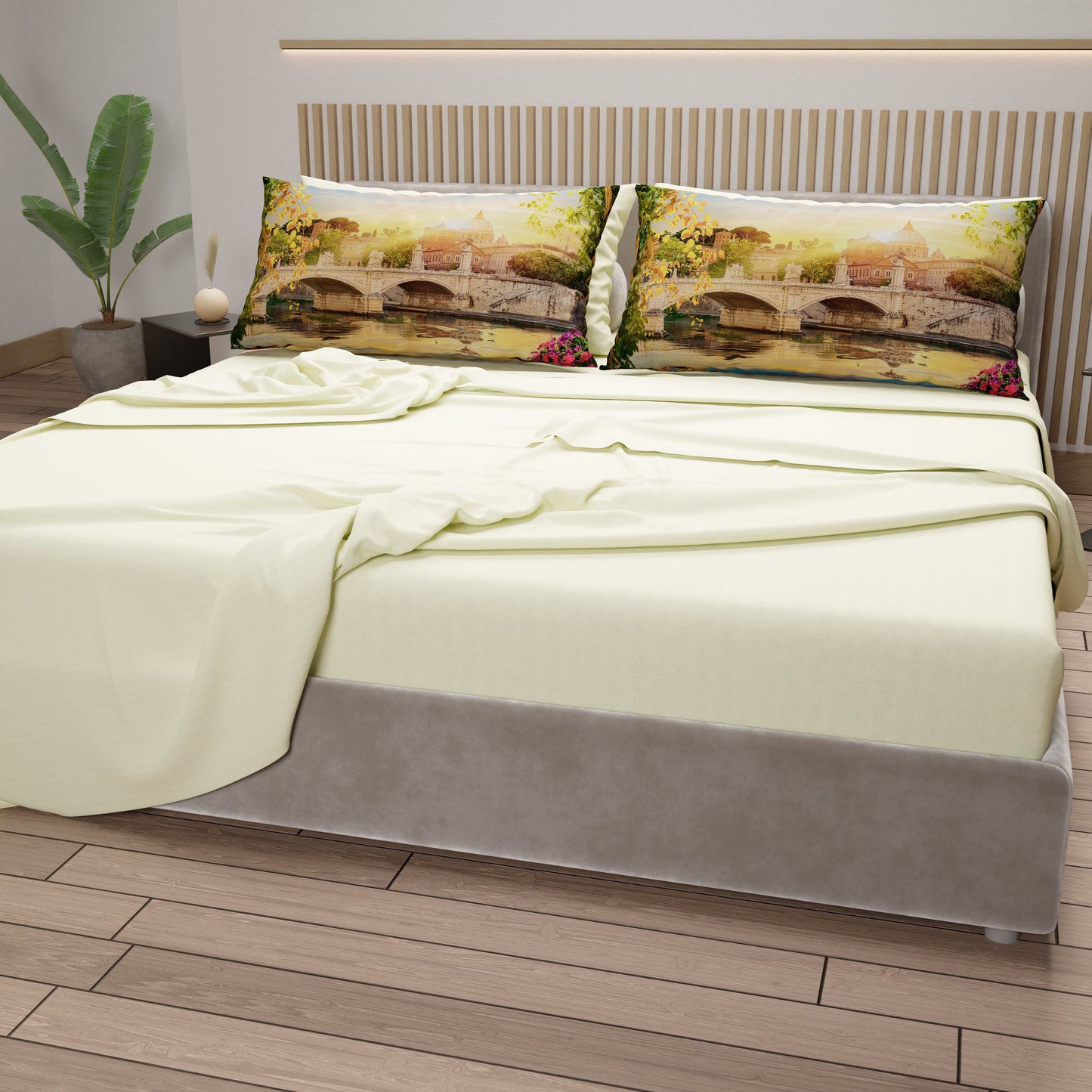 Lenzuola in Cotone, Completo Letto con Federe in Stampa Digitale Roma01 Panna