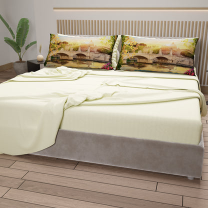 Lenzuola in Cotone, Completo Letto con Federe in Stampa Digitale Roma01 Panna