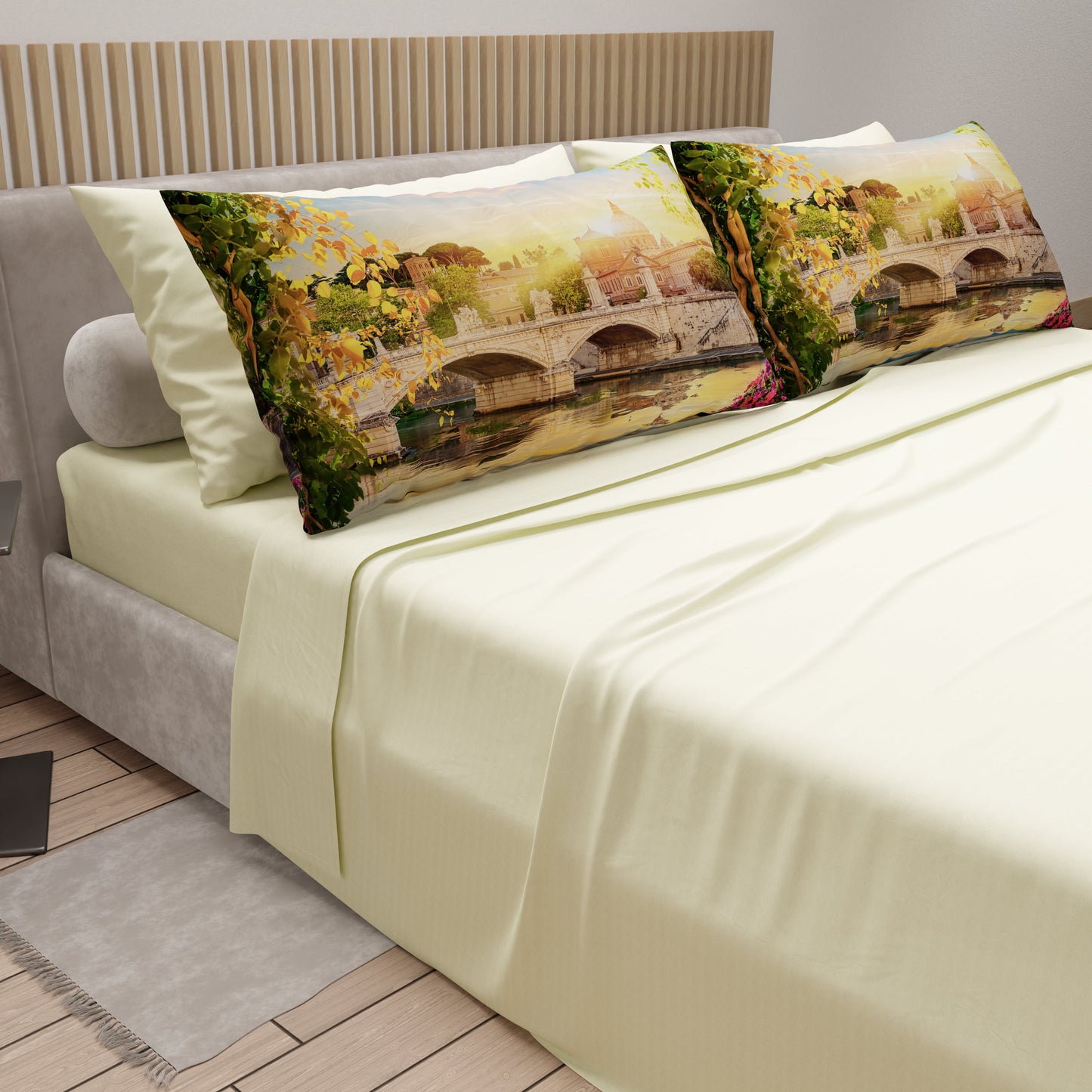 Lenzuola in Cotone, Completo Letto con Federe in Stampa Digitale Roma01 Panna