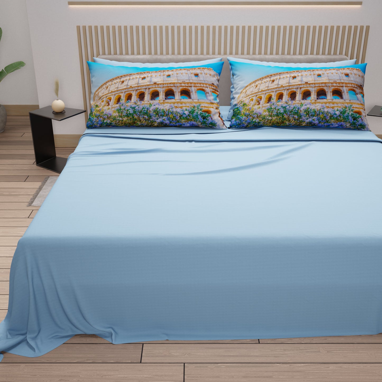 Lenzuola in Cotone, Completo Letto con Federe in Stampa Digitale Roma02 Celeste