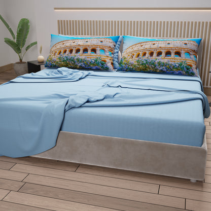 Lenzuola in Cotone, Completo Letto con Federe in Stampa Digitale Roma02 Celeste